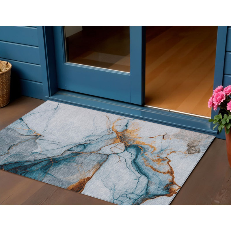 3' X 5' Sky Blue And Copper Abstract Washable Indoor Outdoor Area Rug