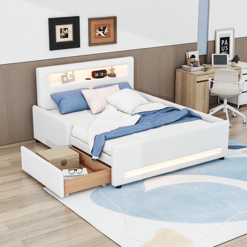 Lit plateforme tapissier en polyuréthane avec éclairage DEL, tiroir de rangement, port USB, Lit double, Blanc