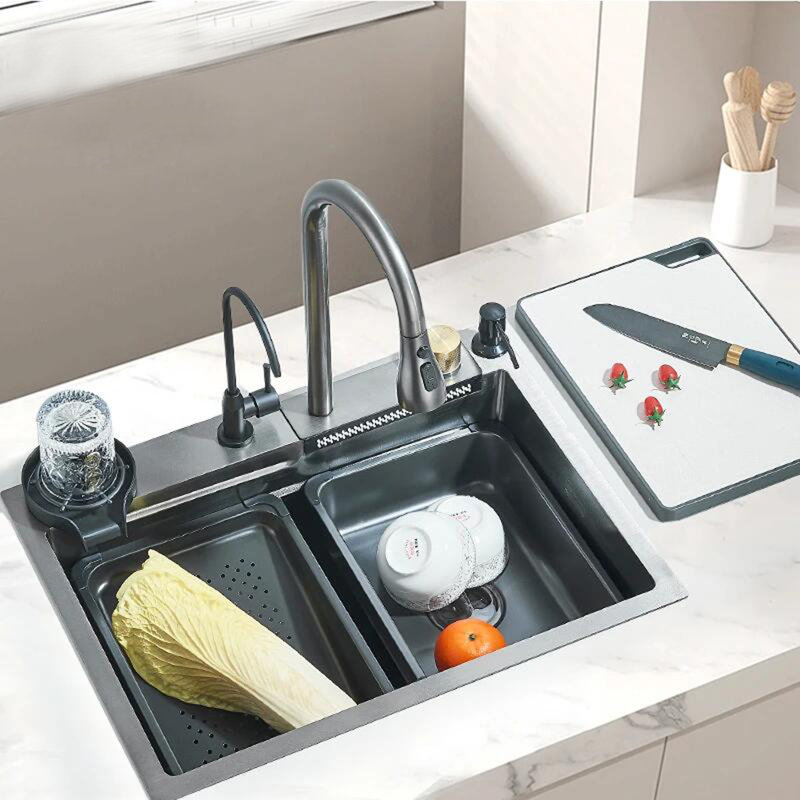 Évier de cuisine en acier inoxydable à cascade avec robinet simple Black Grey