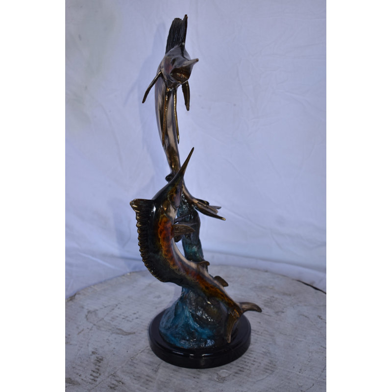 Two Swordfish Swimming In The Ocean Bronze Statue - Size: 11"L X 10"W X 22"H.