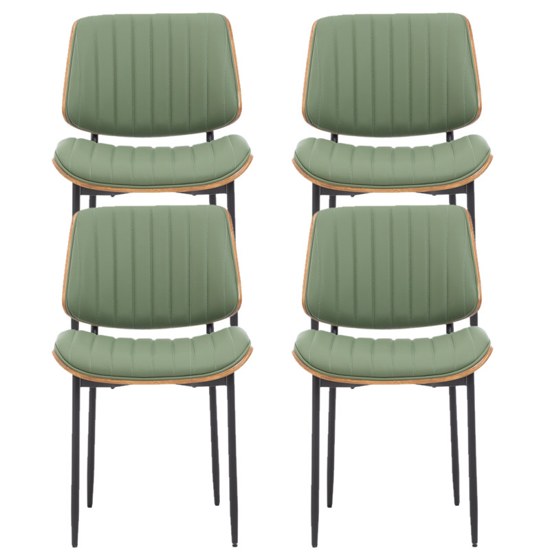 Faux Leather Dining Chair with Walnut Bentwood Back & Seat Base – Breathable Chair with Metal Legs, Green