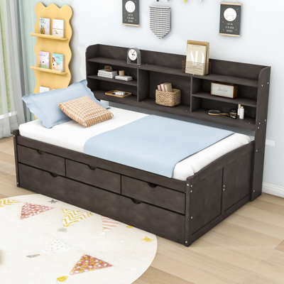 Twin Wood Captain Bed with Trundle, 3 Drawers and Built-in Shelves by HaddaKella