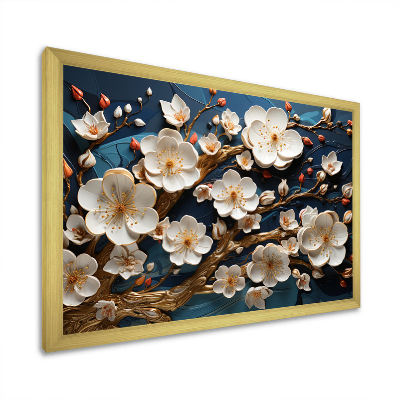 Orchidée blanche dorée et bleue, arbre III - Art mural floral abstrait, Cadre d'angle fermé doré, H 16 po x l 32 po x P 1 po