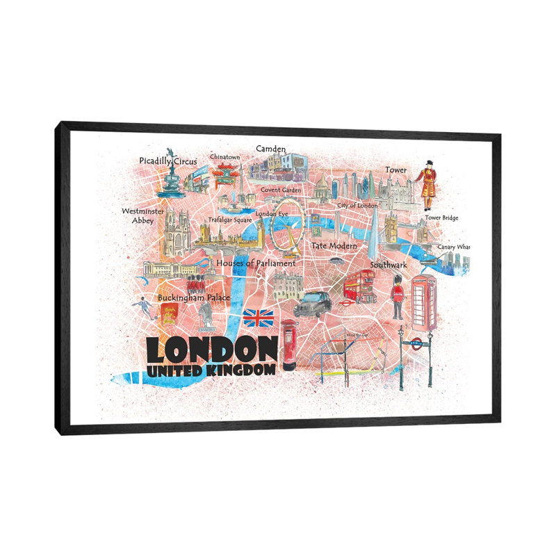 London UK Illustrated Map by Markus & Martina Bleichner - Painting on Canvas, Black Floater Framed