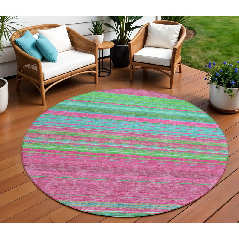 Tapis intérieur lavable rayé rond 8 pi vert lime et bleu sarcelle