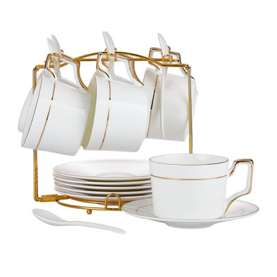 Elegant Bone China Coffee Cup And Saucer Set - Modern Style With Gold Trim White Design - Perfect For Cappuccino, Espresso, And Tea - Ideal For Home U -  DNGJU, T8133247