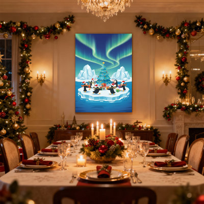 «Christmas Penguins Celebrate Christmas On Ice With Aurora», ensemble de 3 impressions sur toile
