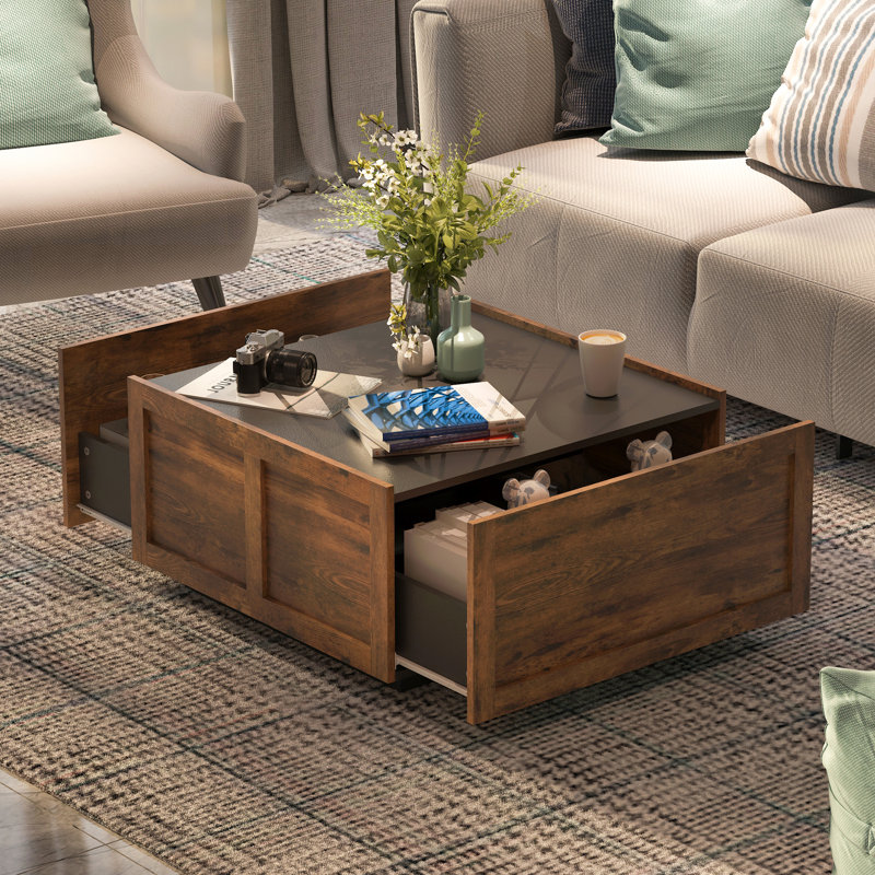 Frame Coffee Table with Storage, Black Top/Brown Base