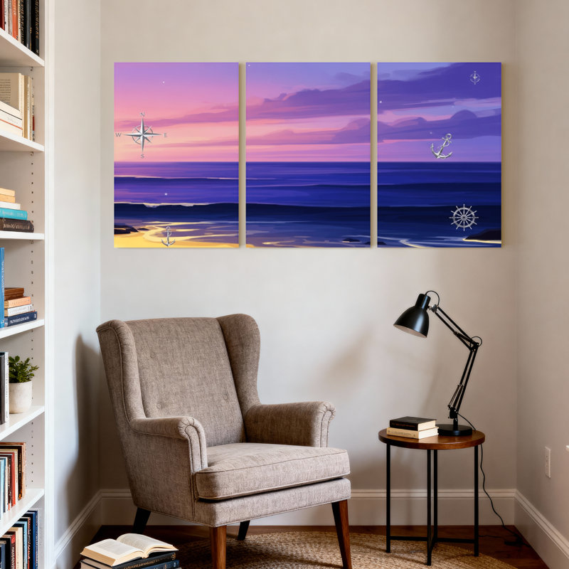Nautique et plage, coucher de soleil océan avec boussole et ancre, ensemble de 3 impressions sur toile