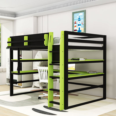 Loft Bed with Dual-Level Storage Shelves, Smart Tech Integration, and Desk