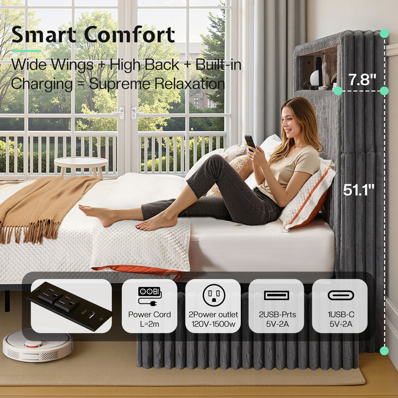 Smart Upholstered Bed Frame, Gray, King