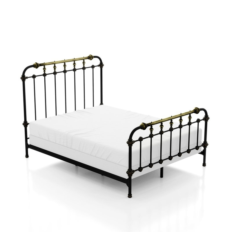 Grand lit en métal de style transitionnel, finition noire antique, accents dorés brossés à la main, 7 broches, thermolaqué pour le décor de la chambre à coucher