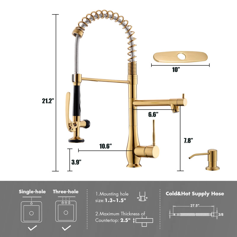 Double-Headed Single-Handle High-Pressure Kitchen Faucet, With Pull-Down Sprayer And Soap Dispenser., Gold