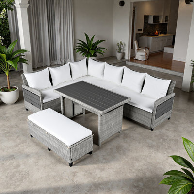 Ensemble de canapé de patio extérieur en rotin 5 pièces, ensemble de mobilier de jardin en forme de L en osier modulaire avec 2 tables d'appoint extensibles, table de salle à manger et housses lavables
