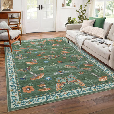 Washable 8x10 Rugs for Living Room Mushroom Area Rugs Insect Print Non Slip Large Kids Bedroom Carpet Indoor Stain Resistant Carpet for Dining Room Playroom Nursery, Green