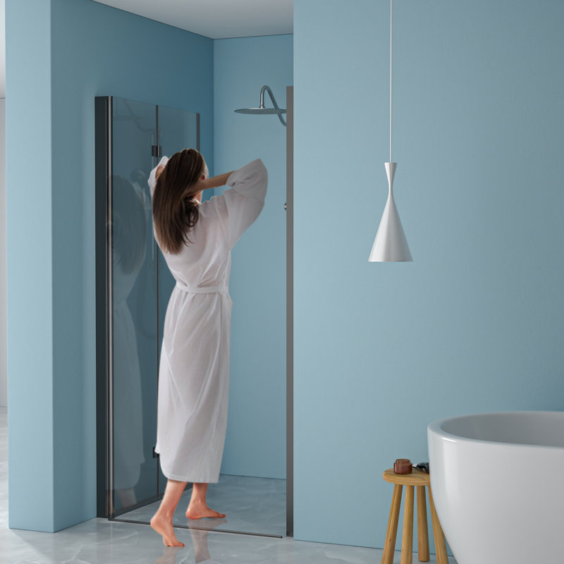 Porte de douche pliante l 34 po x H 72 po avec verre trempé, noir mat - conception bi, écran d'eau transparent de 1/4 po d'épaisseur, composants en acier inoxydable de haute qualité, installation réversible, rotation à 180 chevauchement