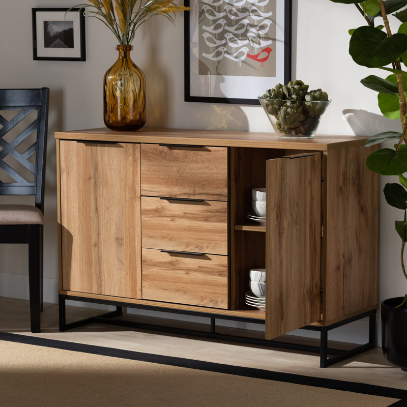 Reid Natural Oak and Black Metal Sideboard Buffet