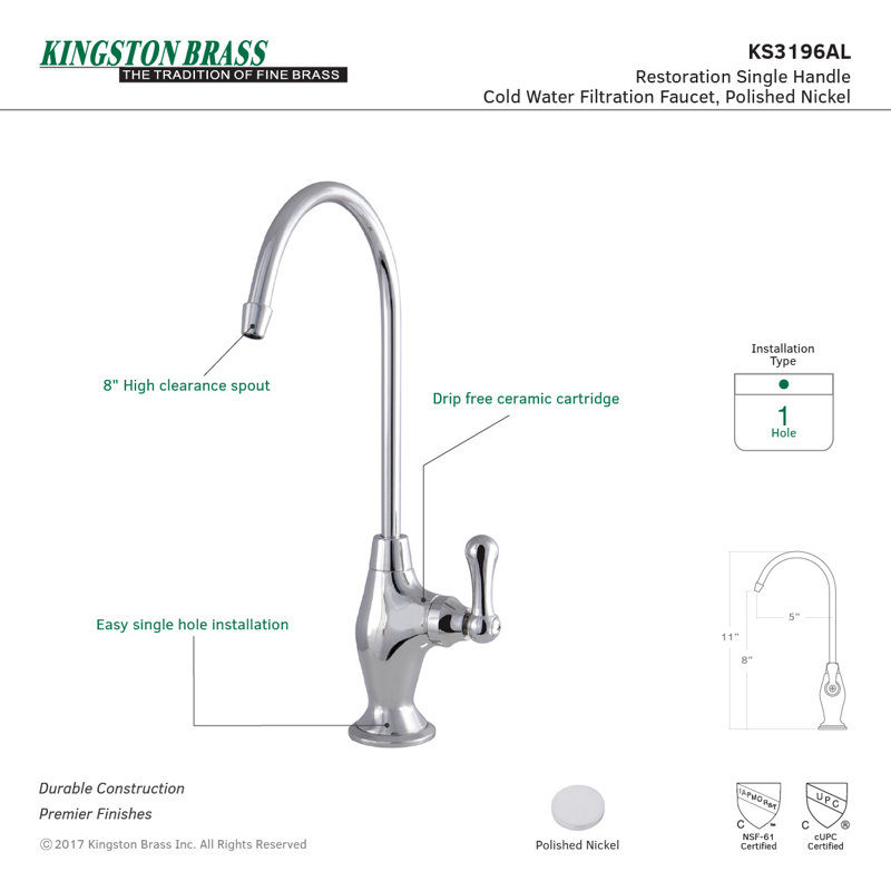Robinet de filtration d'eau à fixation sur comptoir 1 trou Kingston, Nickel poli