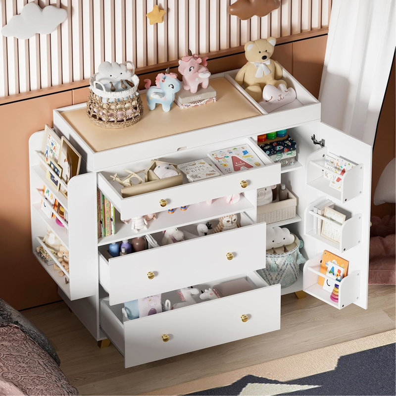 Commode à langer avec 3 tiroirs blancs, assemblage facile - confectionné, meuble-lavabo à 12 tiroirs de 54 po, tablettes ouvertes pour les tiroirs d'organisation de la chambre à coucher et plateau large, résistance intégrée, luminosité réglable