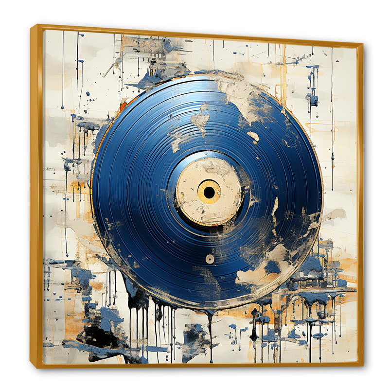 Disque vinyle blanc et bleu Melody, H 30 po x l 30 po x P 1,5 po, Cadre flottant doré