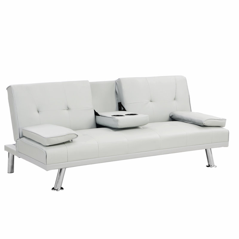 Sofa Bed With Armrest Two Holders,Loveseat,Sofa,Wood Frame, White Faux Leather