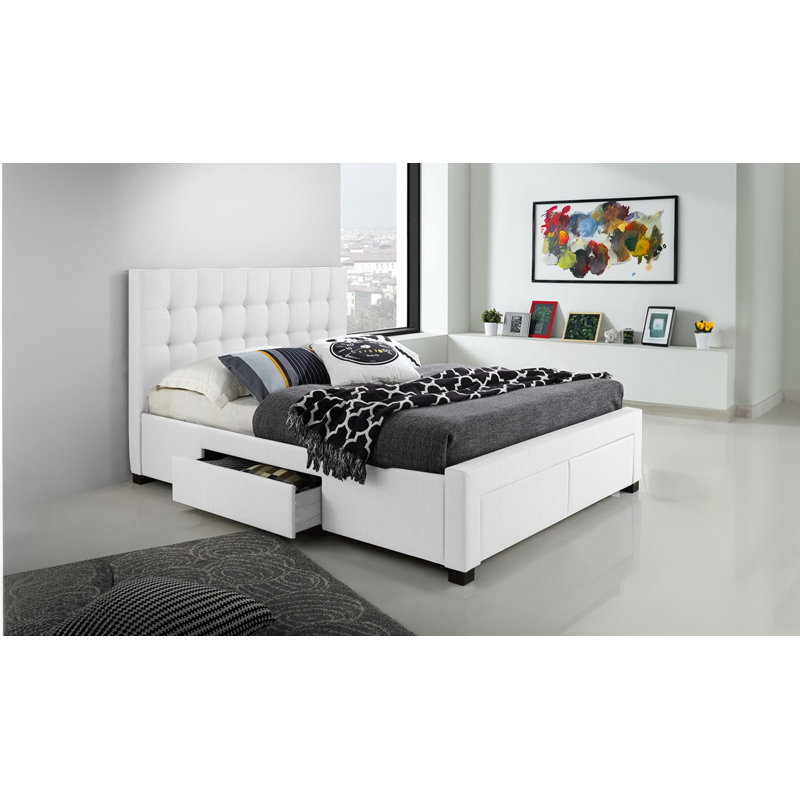 Lit plateforme en lin avec capitonnage à boutons profonds, contemporain, blanc, grand, Grand lit, Blanc