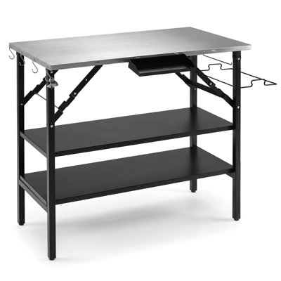 Station de cuisson pliable extérieure avec 2 tablettes amovibles, support pour sac poubelle et 4 crochets en S