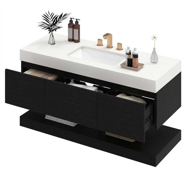  Meuble-lavabo mural 48 po avec comptoir en quartz, Noir
