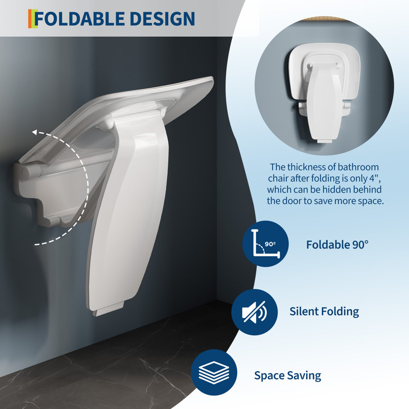 Siège de douche mural pliant, banc de douche rabattable à 90 °, capacité de charge de 500 lb pour la salle de bain et l'accessibilité