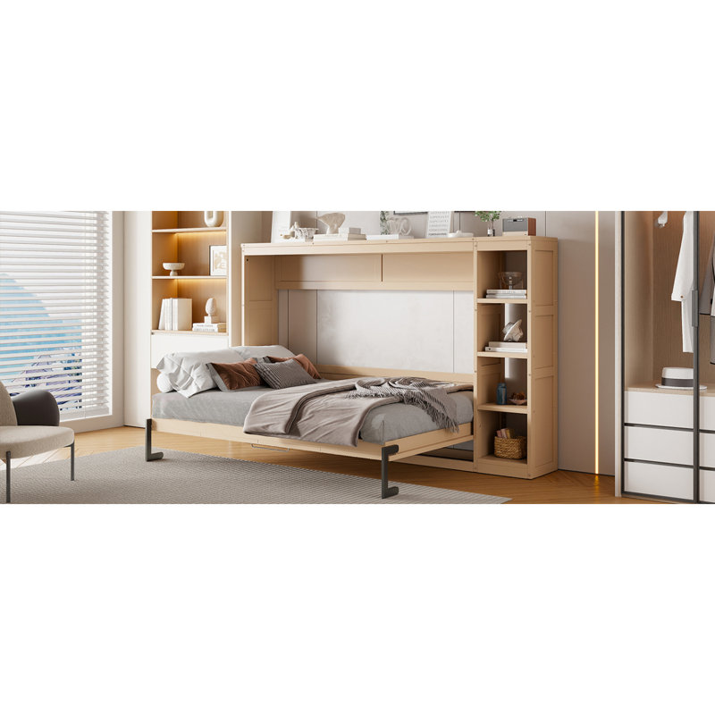 Lit escamotable double avec bibliothèque, naturel, Naturel