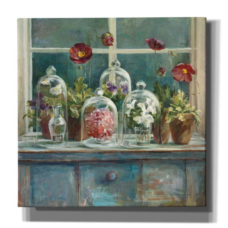 «Fall Poppies Windowsill» par Danhui Nai, art mural sur toile, H 26 po x l 26 po