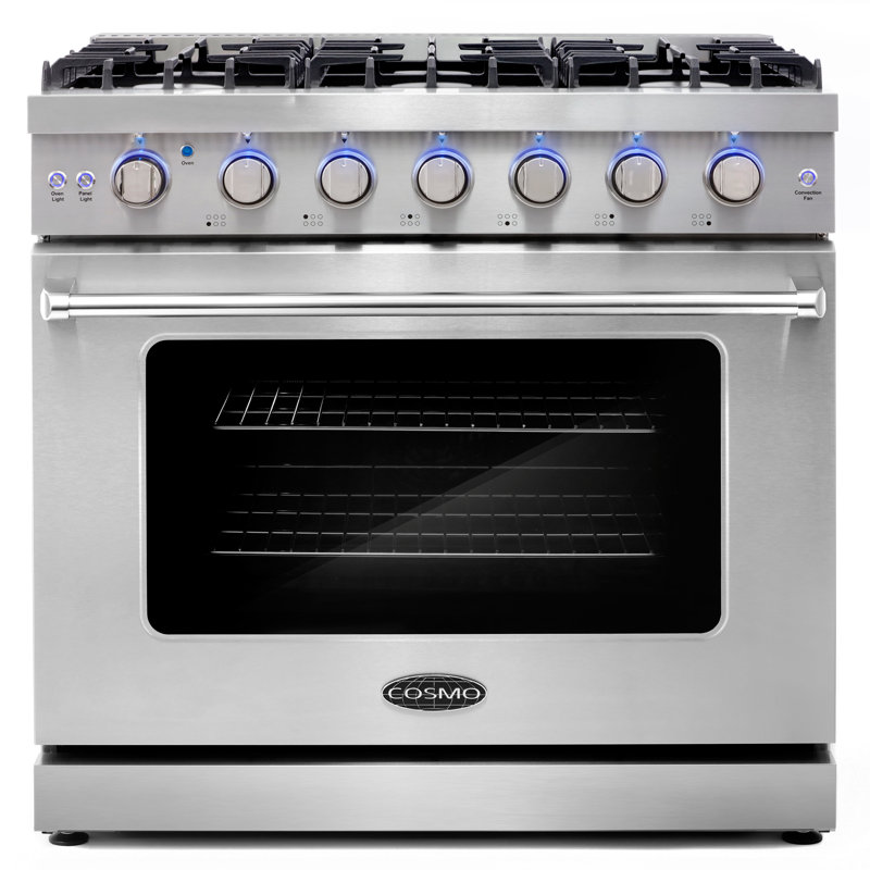Cosmo 36 in. Haven Collection 6.0 cu. ft. Gas Range, 6 Burners, Convection Oven, Knob LEDs, Storage Drawer, Stainless Steel