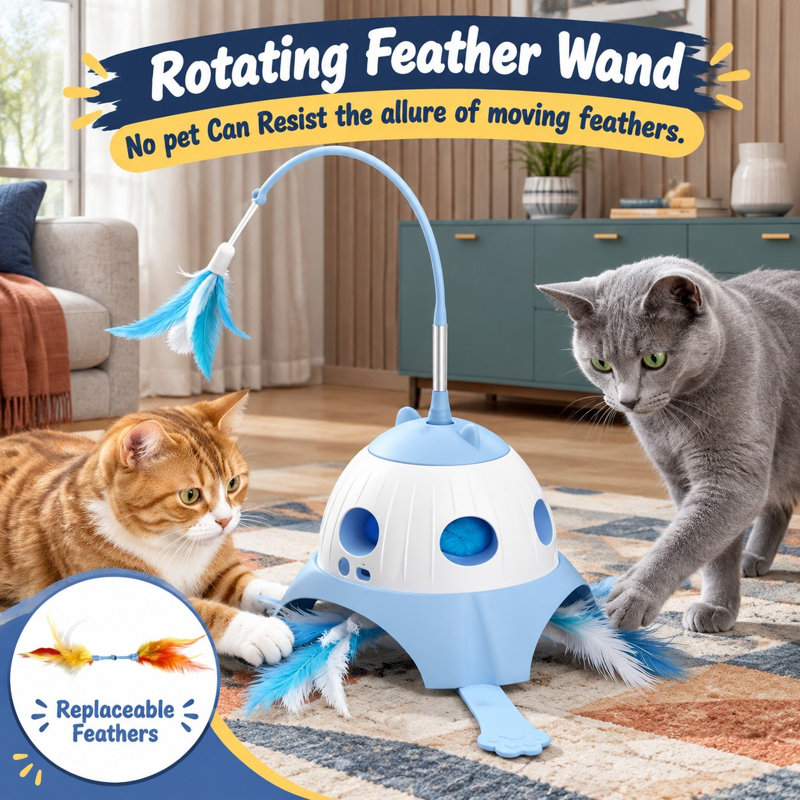 En bleu, ce jouet interactif 3 en 1 pour chat combine le jeu du tape-taupe avec une baguette à plumes rotative et une queue en peluche.