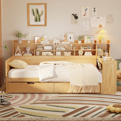 Wooden Daybed With Storage Shelves, Multi-Functional Bed With Two Storage Drawers And Study Desk (Daybed)