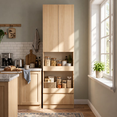 92.5" Tall Kitchen Pantry Cabinet With Appliance Garage, 3 Drawers & Microwave/Coffee Bar Storage, Light Oak Finish