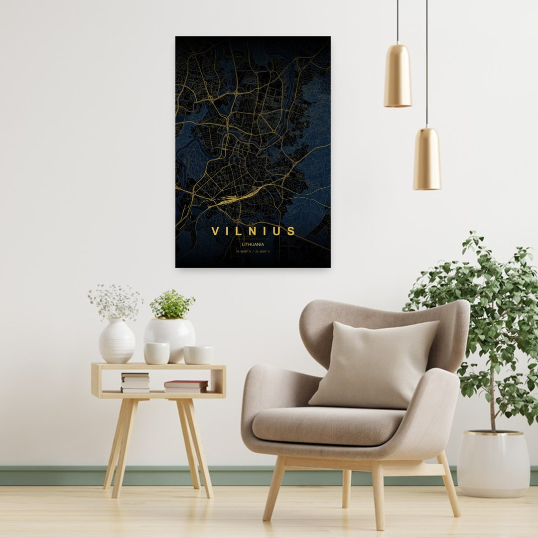 Vilnius Golden Map Abstract Geometric Modern City Wall Art Print