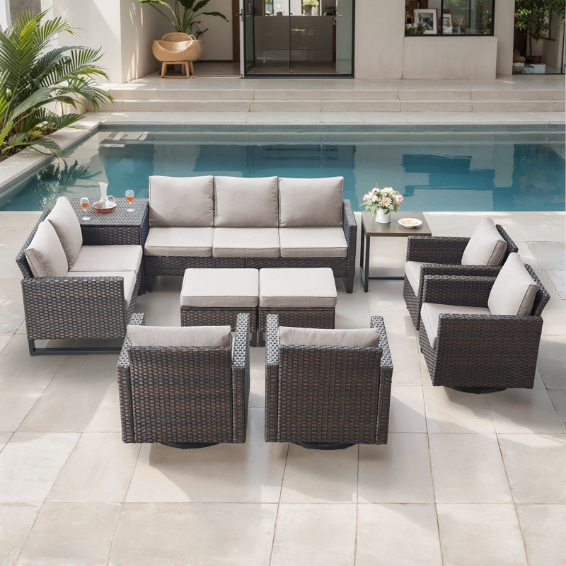 Ensemble de conversation pour l'extérieur en osier pour 9 personnes avec chaises pivotantes et rangement Ingvald, Beige
