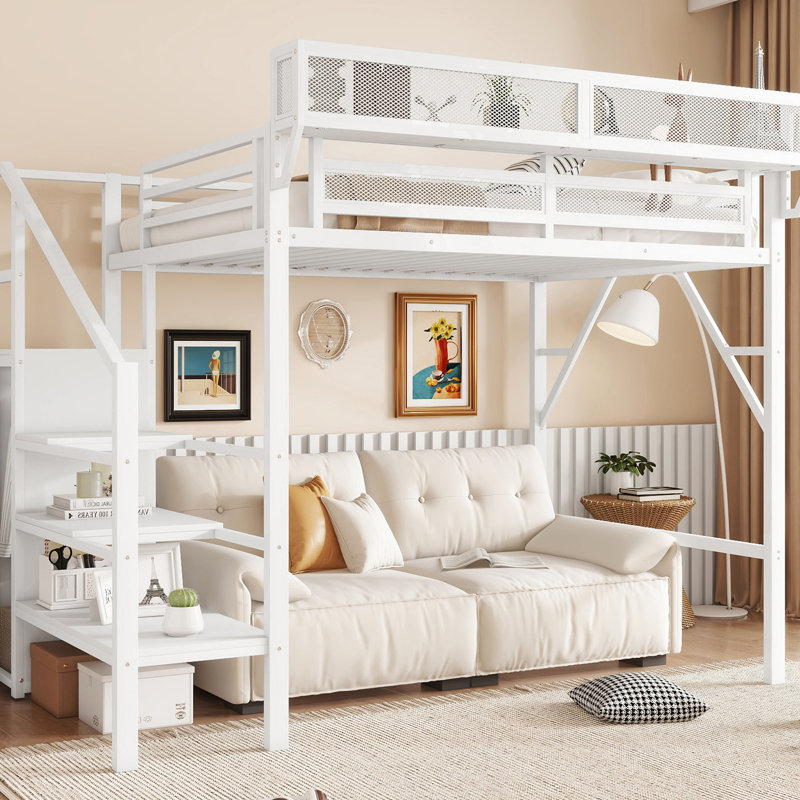Lit mezzanine simple en métal avec escalier, rangement et garde-robe, blanc, pour 94,3 po de long, 11,3 pi