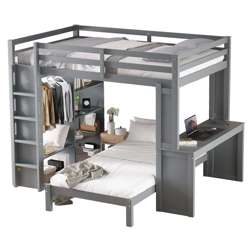 Lit superposé avec lit inférieur démontable et bureau, structure de lits superposés en bois massif avec tablettes intégrées et garde-robe, peut être converti en lit mezzanine