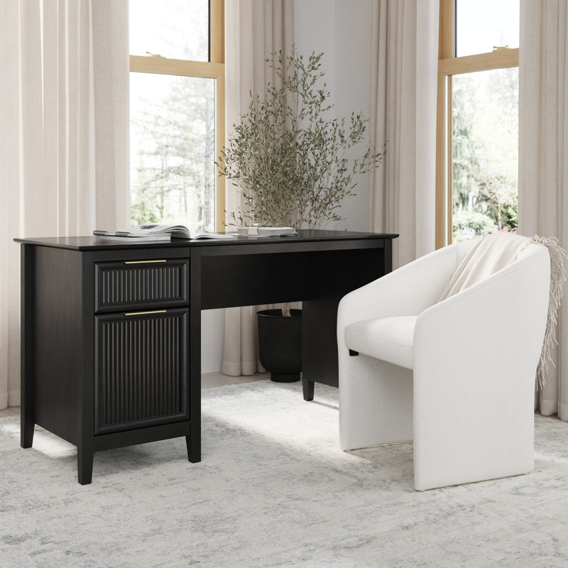 Fluted Office Desk With Storage And Mid Back Barrel Office Chair, Home Office Furniture, Onyx Birch