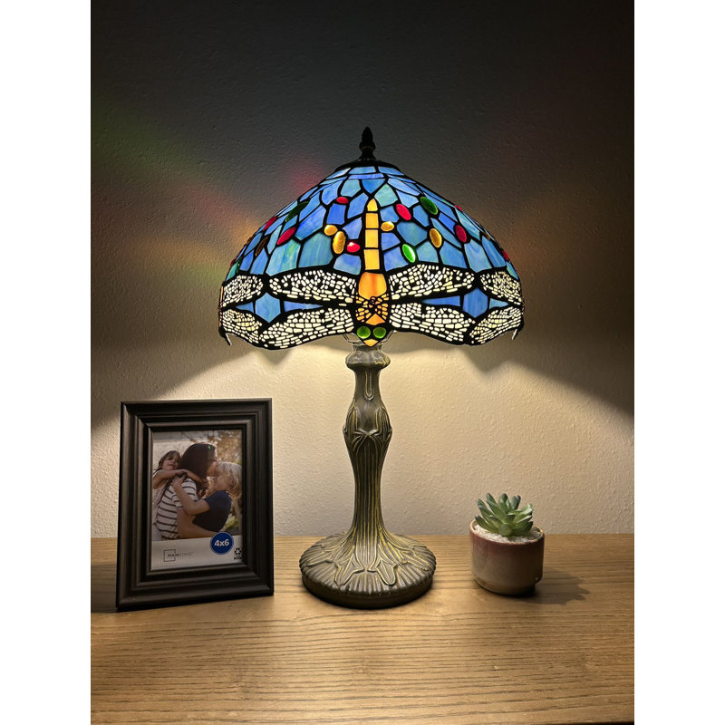 Hafiz Tiffany Table Lamp Blue Stained Glass Dragonfly Zinc Alloy Base 19"H*12"W