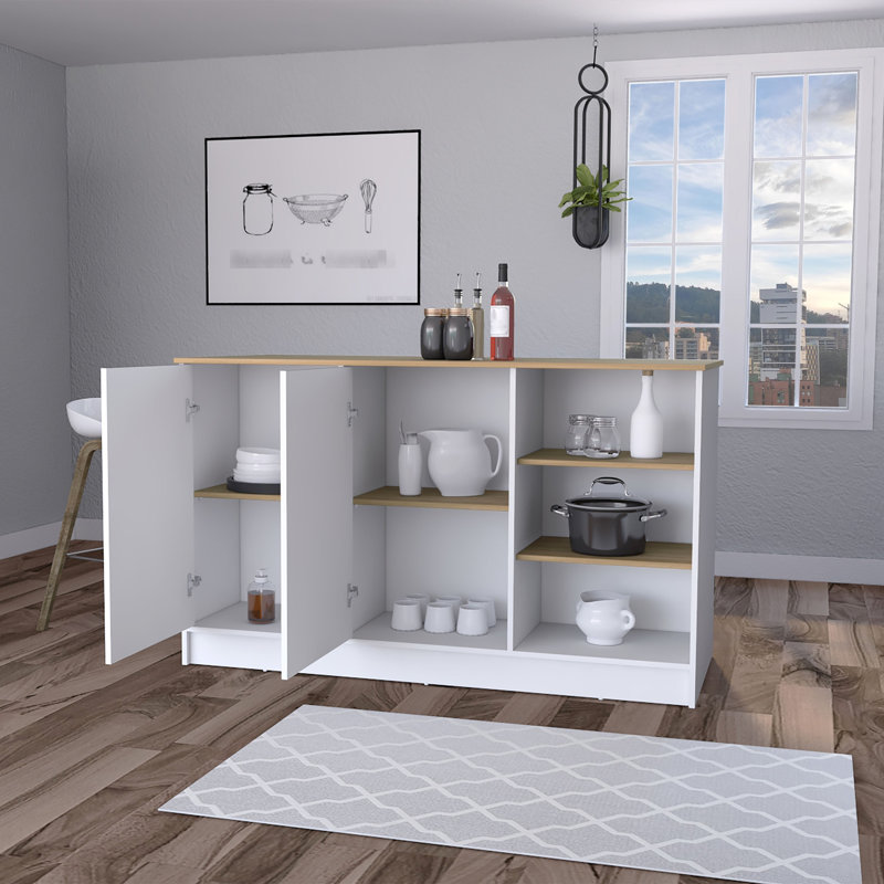 Îlot de cuisine à 3 tablettes ouvertes en blanc et frêne pour chariot de rangement spacieux avec ustensiles de cuisine spacieux