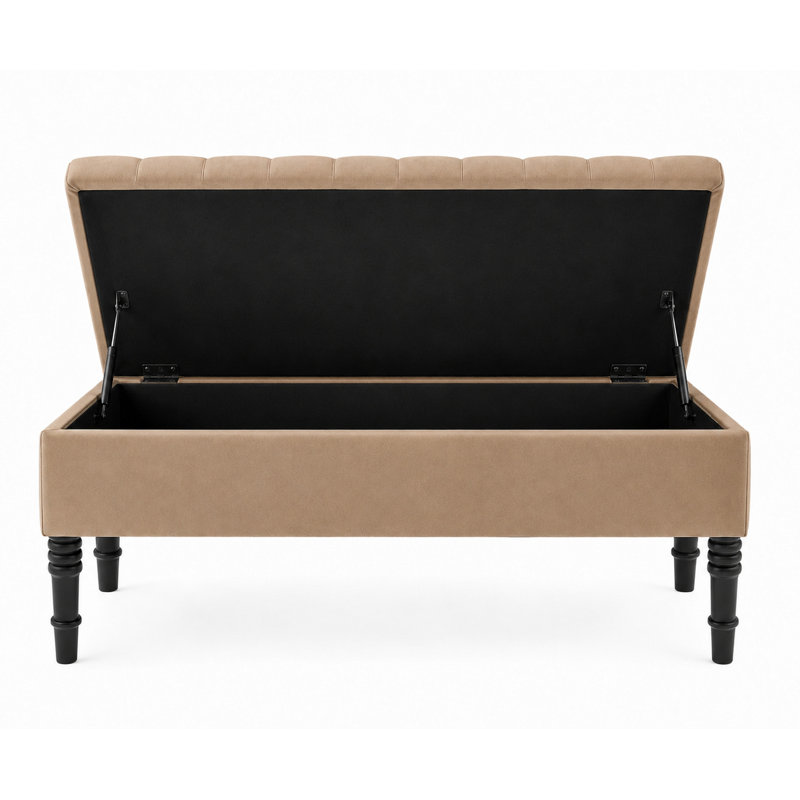 Cubed Tufted Rectangle Ottoman Storage Bench, Upholstered Plush Velvet Shoe Bench with Black Turned Wooden Legs, Mink Plush