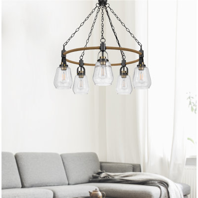 Lustre en métal 5 lumières Kavala avec détails en toile de jute et abat-jour en verre transparent