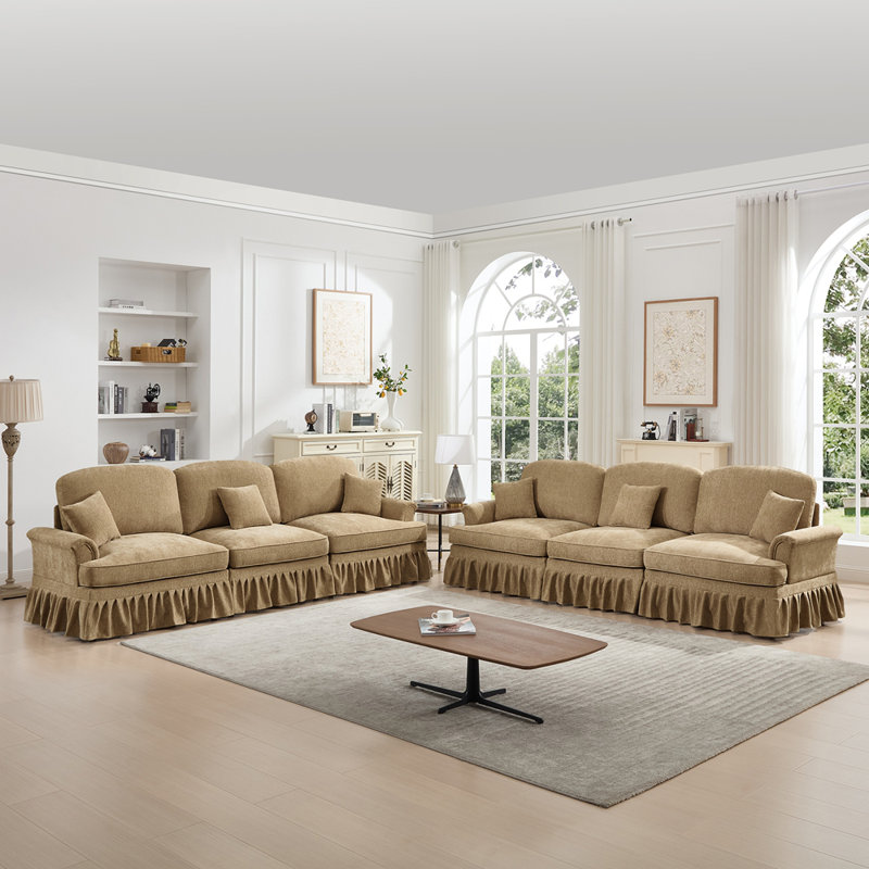 Ensemble de canapé de salon modulaire 2 pièces avec accoudoirs évasés et volants amovibles Classic, Café clair