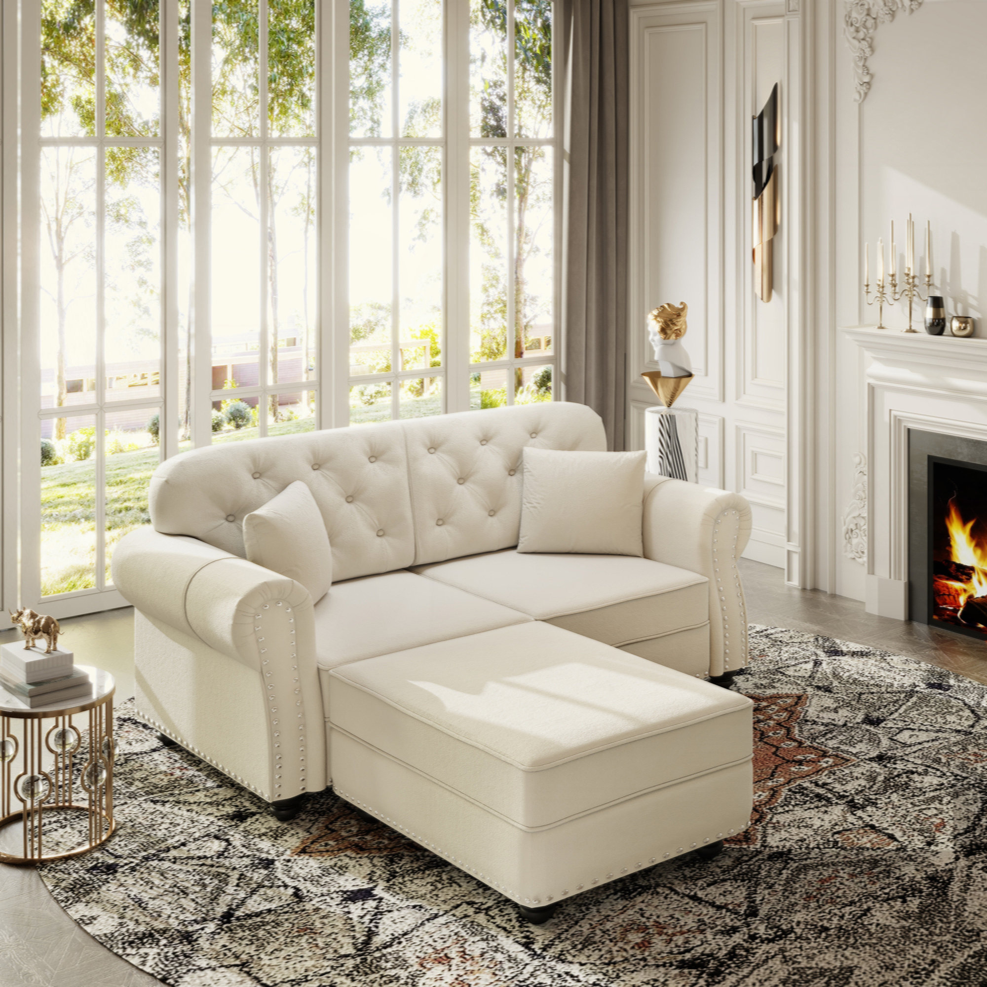 Everly Quinn Upholstered Velvet Sofa with Nailhead Trim and Rolled ...