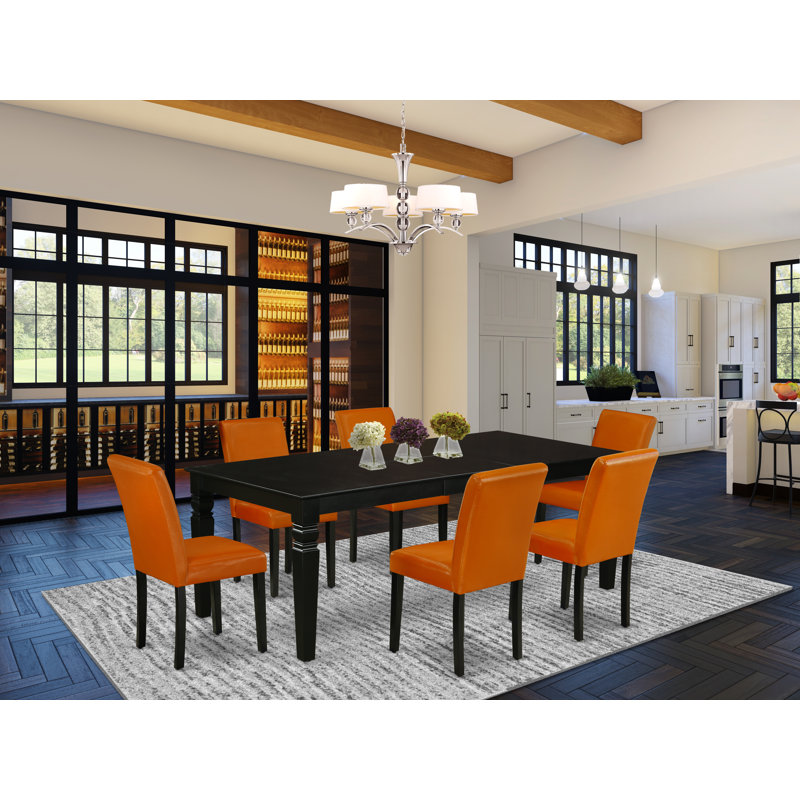 7 Piece Dining Table Set Consist of a Rectangle Butterfly Leaf Table and 6 Baked Bean Faux Leather Upholstered Chairs, Black