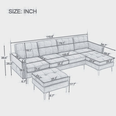Canapé modulaire convertible en L 110 po avec repose-pieds mobile, revêtement en velours doux pour espaces de vie modernes