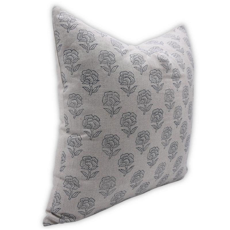 Block Print Throw Pillow Cover MNHGRTLSquare, Gray Floral 5, Square 24"