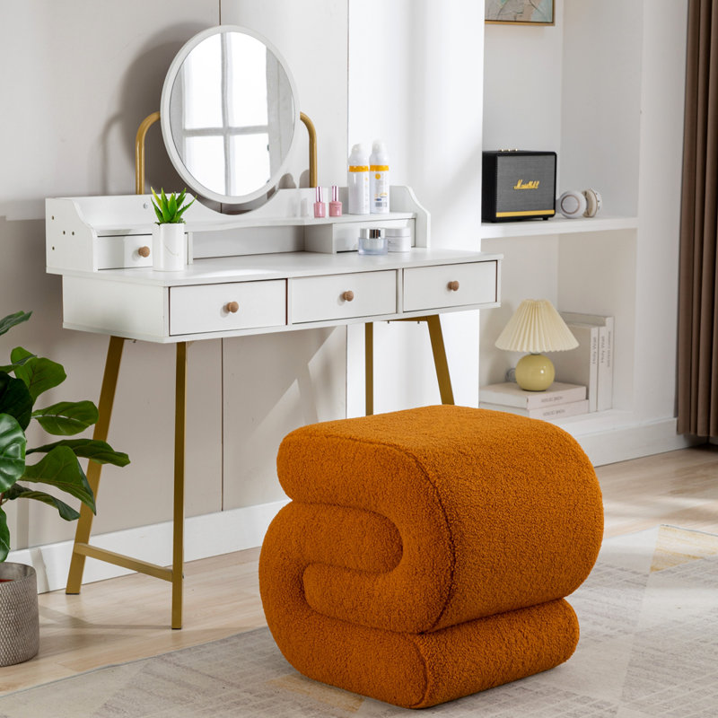 Jaszlyn S-shape Ottoman, Makeup Stool Footstool, Orange Teddy